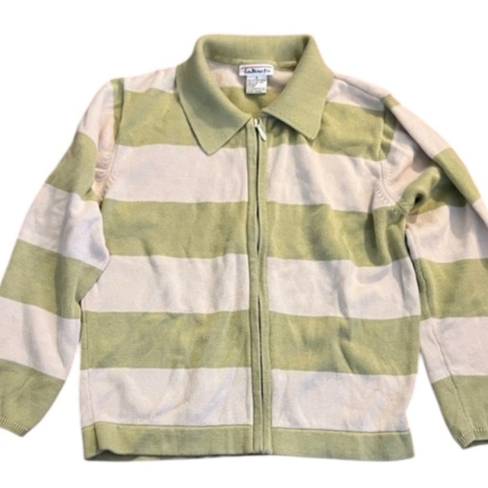 Talbots Lime Green and Cream Striped Collared Zip Front Sweater - Picture 1 of 7